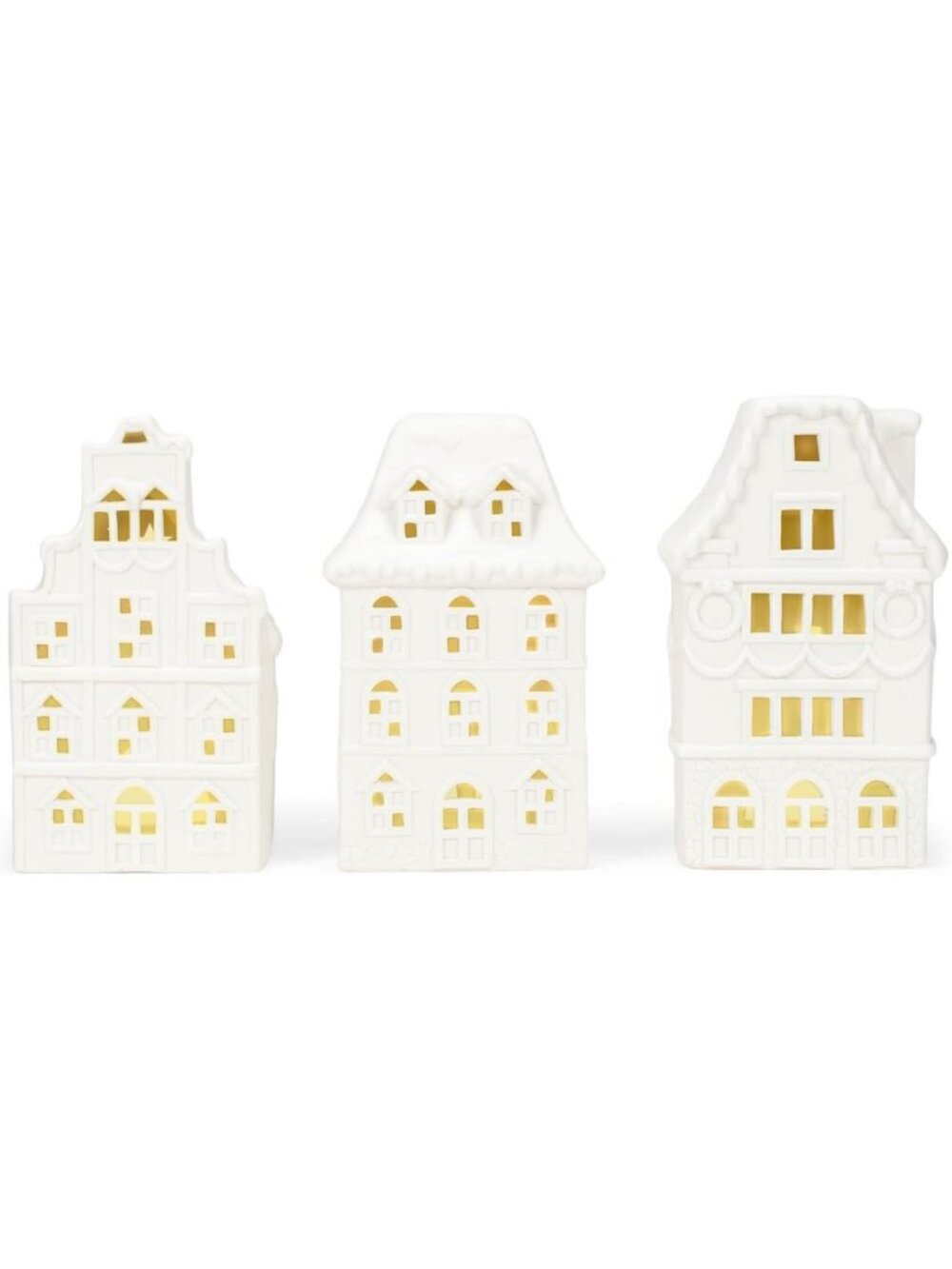 Set of 3 Porcelain Tea Light Figurines - Charming Row House Decor, 8x4.5 in